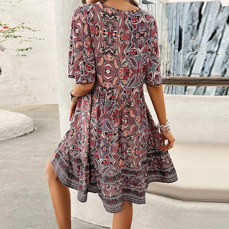 🔥BUY 2 GET 10% OFF👗Women's Flower Print V Neck Short Sleeve Mini Dress