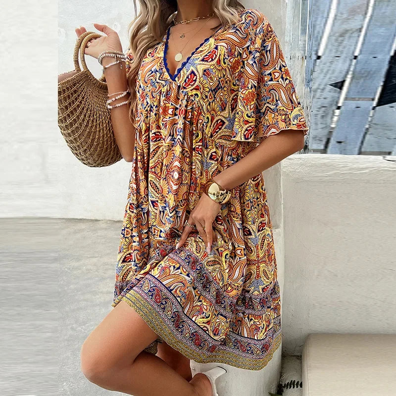 🔥BUY 2 GET 10% OFF👗Women's Flower Print V Neck Short Sleeve Mini Dress