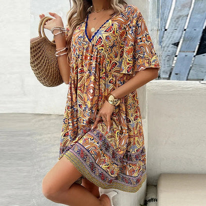 🔥BUY 2 GET 10% OFF👗Women's Flower Print V Neck Short Sleeve Mini Dress