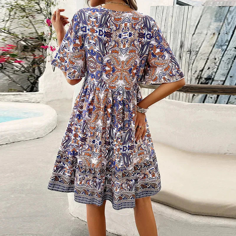🔥BUY 2 GET 10% OFF👗Women's Flower Print V Neck Short Sleeve Mini Dress