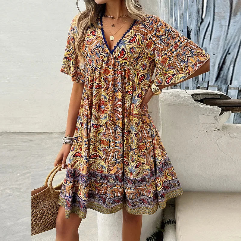 🔥BUY 2 GET 10% OFF👗Women's Flower Print V Neck Short Sleeve Mini Dress