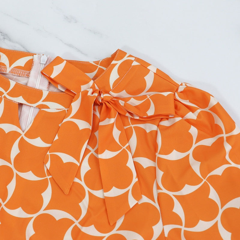 💕Limited Time 50% Off💕Women's Trendy Orange Printed Dress with 3/4 Sleeves
