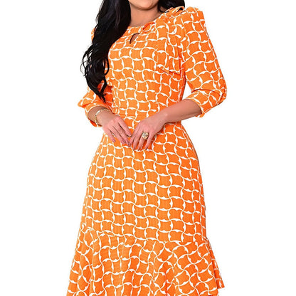 💕Limited Time 50% Off💕Women's Trendy Orange Printed Dress with 3/4 Sleeves