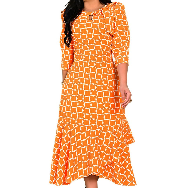 💕Limited Time 50% Off💕Women's Trendy Orange Printed Dress with 3/4 Sleeves