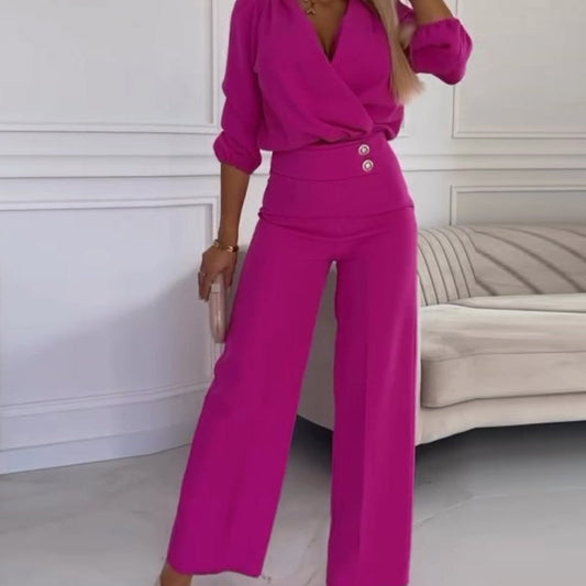 Women's V-Neck Solid Color Casual Commuting Set