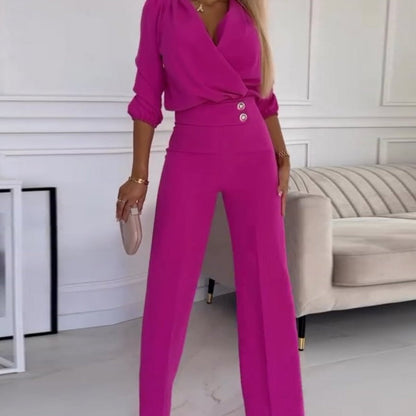 Women's V-Neck Solid Color Casual Commuting Set