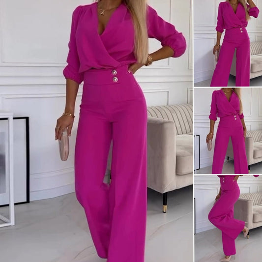Women's V-Neck Solid Color Casual Commuting Set
