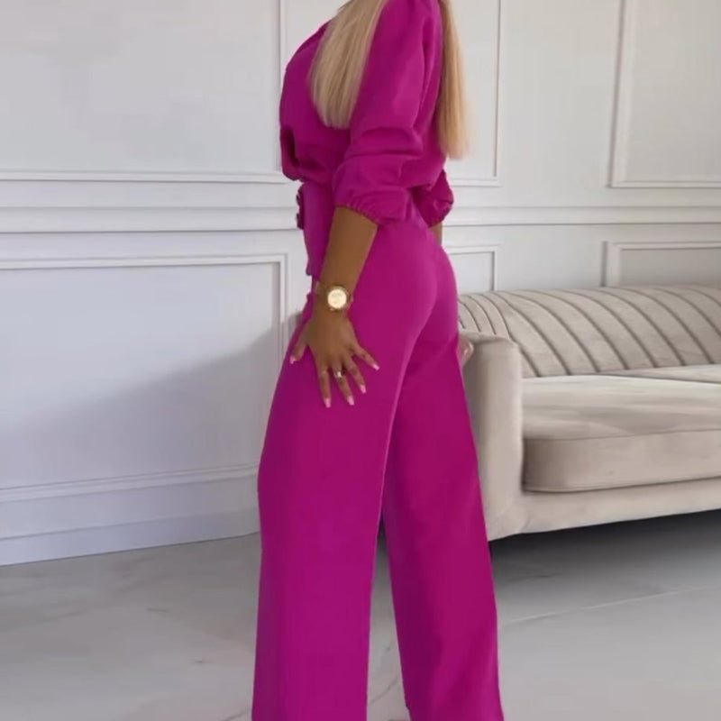 Women's V-Neck Solid Color Casual Commuting Set
