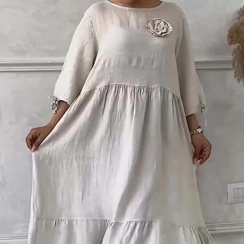 Women's Elegant Round Neck Pleated Long Dress
