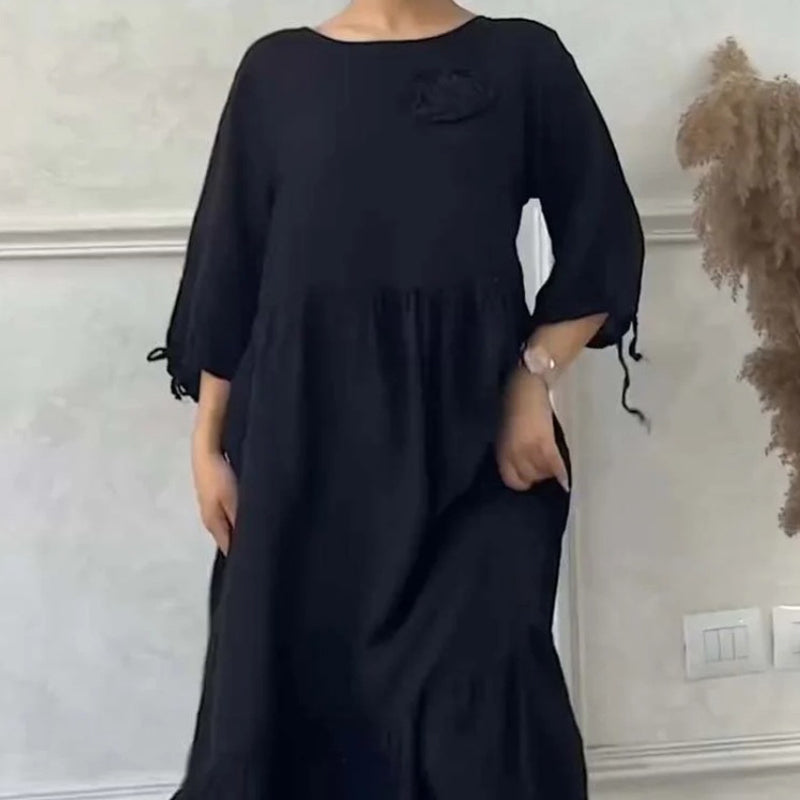Women's Elegant Round Neck Pleated Long Dress