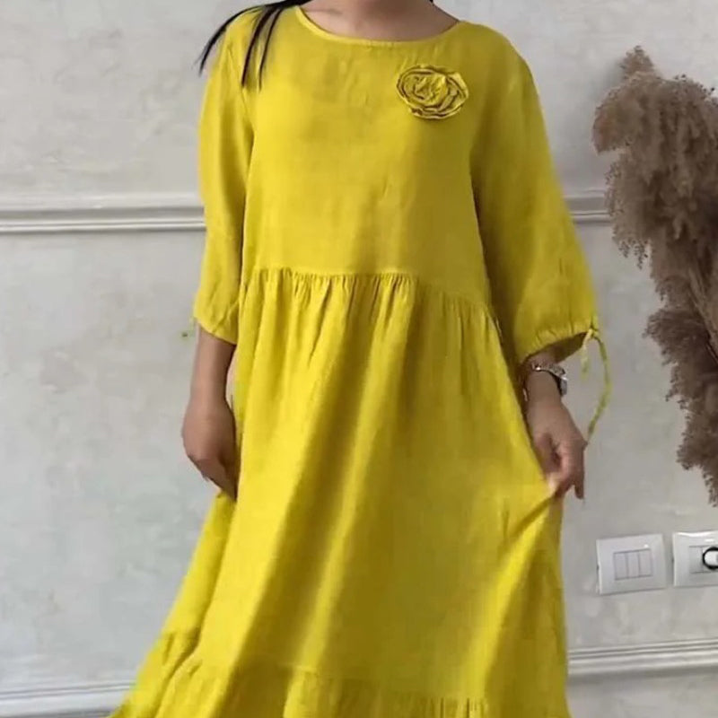 Women's Elegant Round Neck Pleated Long Dress