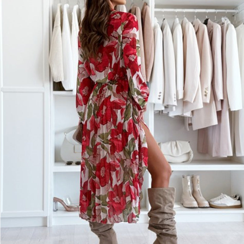 Women's Floral Print Pleated Dress with Slit