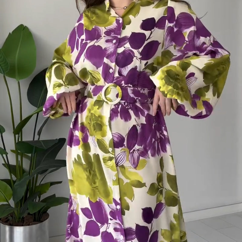 Women's Printed Button Dress with Belt