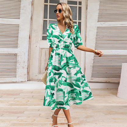 Women's V-neck Printed Casual Dress
