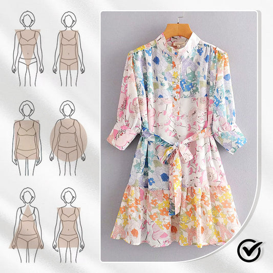 Tie Waist Button Down Mini Dress with Floral Print