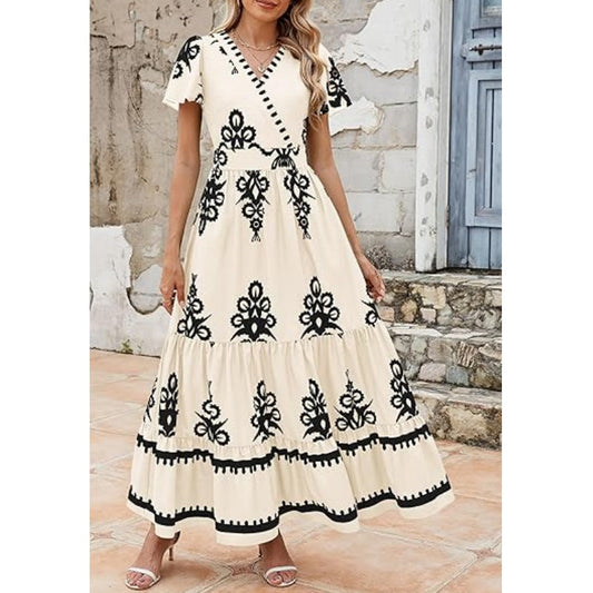 Women's Casual V Neck Boho Maxi Dress