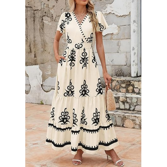Women's Casual V Neck Boho Maxi Dress