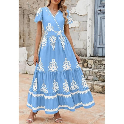 Women's Casual V Neck Boho Maxi Dress