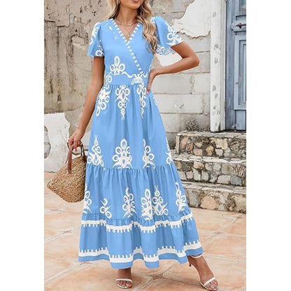 Women's Casual V Neck Boho Maxi Dress
