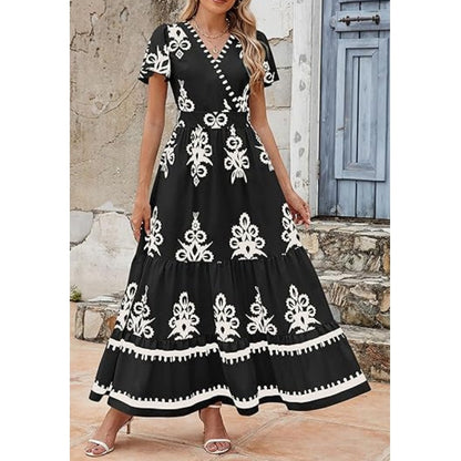 Women's Casual V Neck Boho Maxi Dress