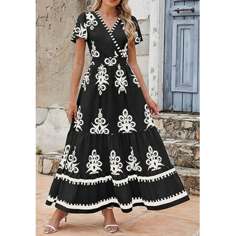 Women's Casual V Neck Boho Maxi Dress