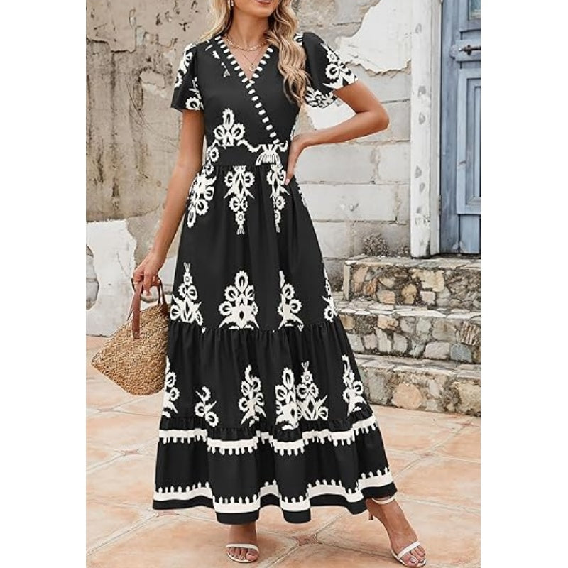 Women's Casual V Neck Boho Maxi Dress