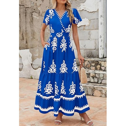 Women's Casual V Neck Boho Maxi Dress