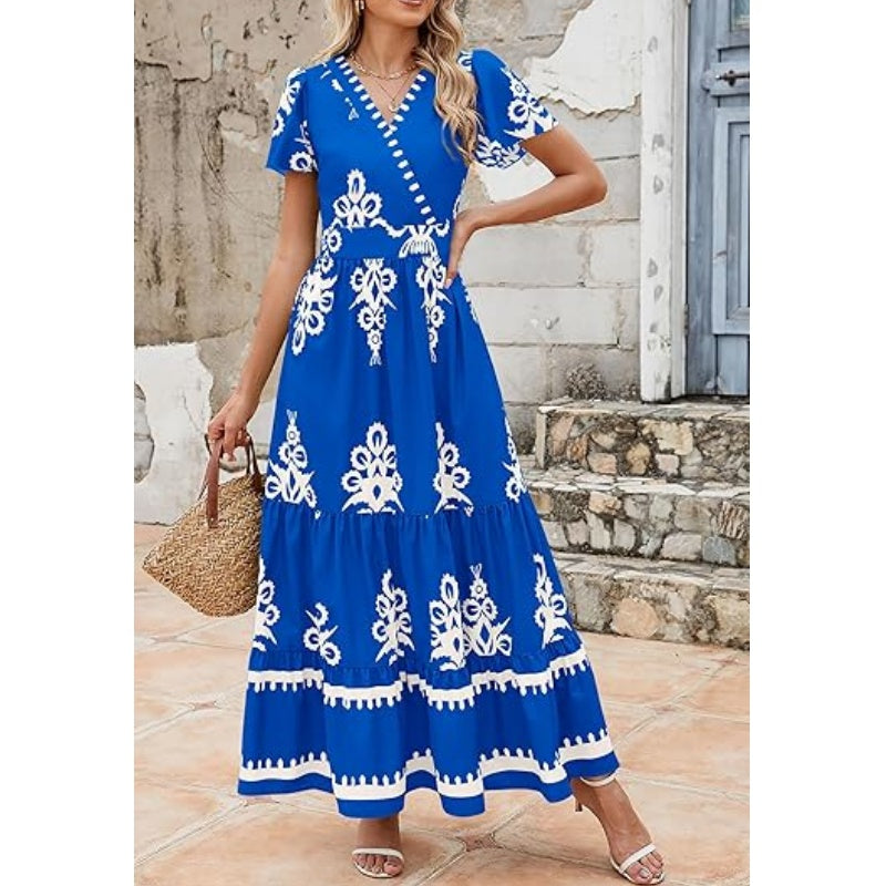 Women's Casual V Neck Boho Maxi Dress