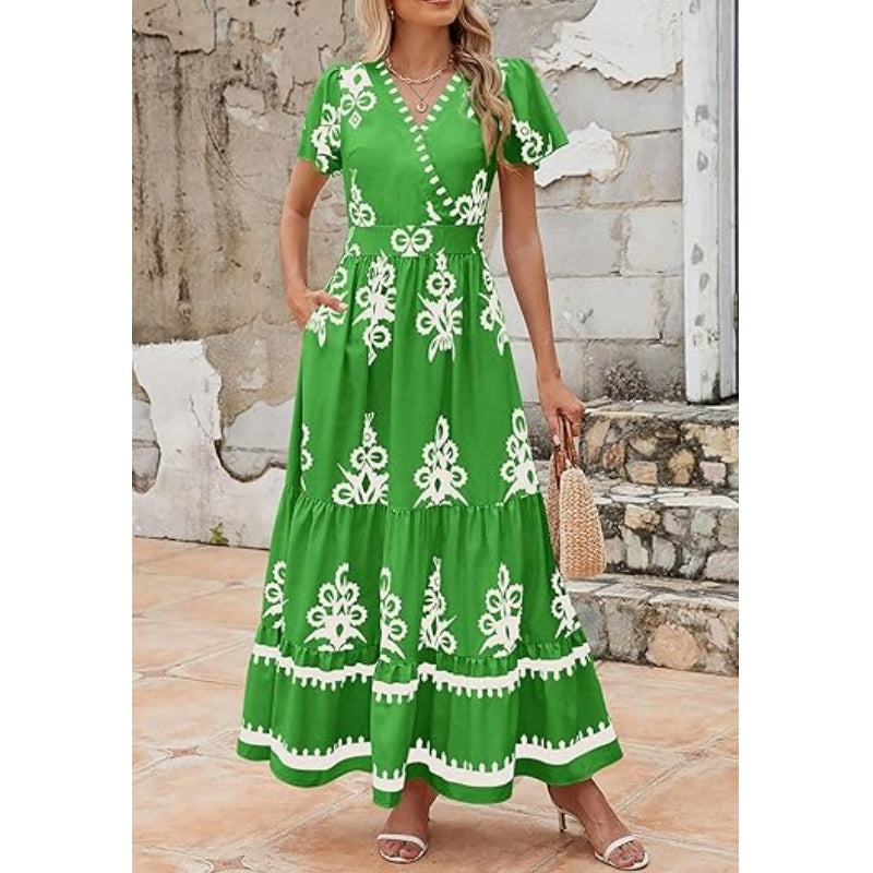 Women's Casual V Neck Boho Maxi Dress