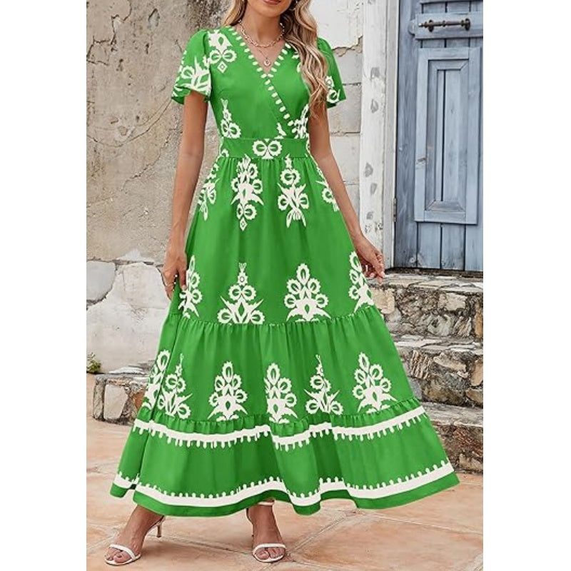 Women's Casual V Neck Boho Maxi Dress