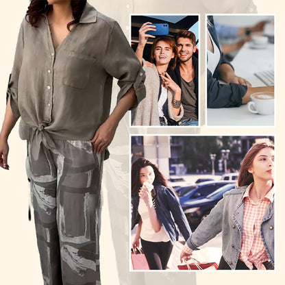 Women's Fashion Loose Cardigan Shirt & High Waist Pants Two Piece Set