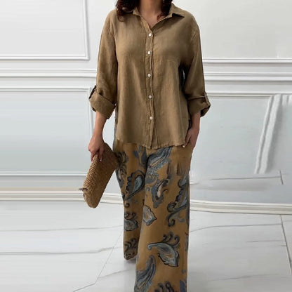 Women's Fashion Loose Cardigan Shirt & High Waist Pants Two Piece Set