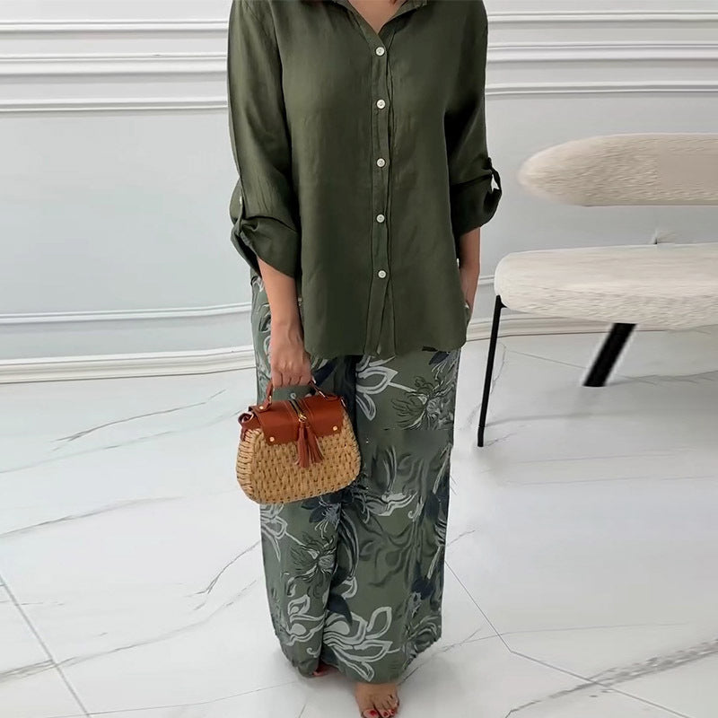 Women's Fashion Loose Cardigan Shirt & High Waist Pants Two Piece Set