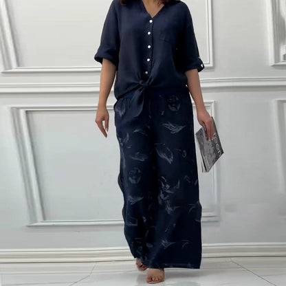 Women's Fashion Loose Cardigan Shirt & High Waist Pants Two Piece Set