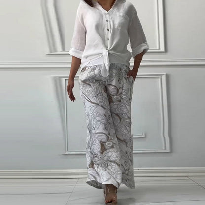 Women's Fashion Loose Cardigan Shirt & High Waist Pants Two Piece Set