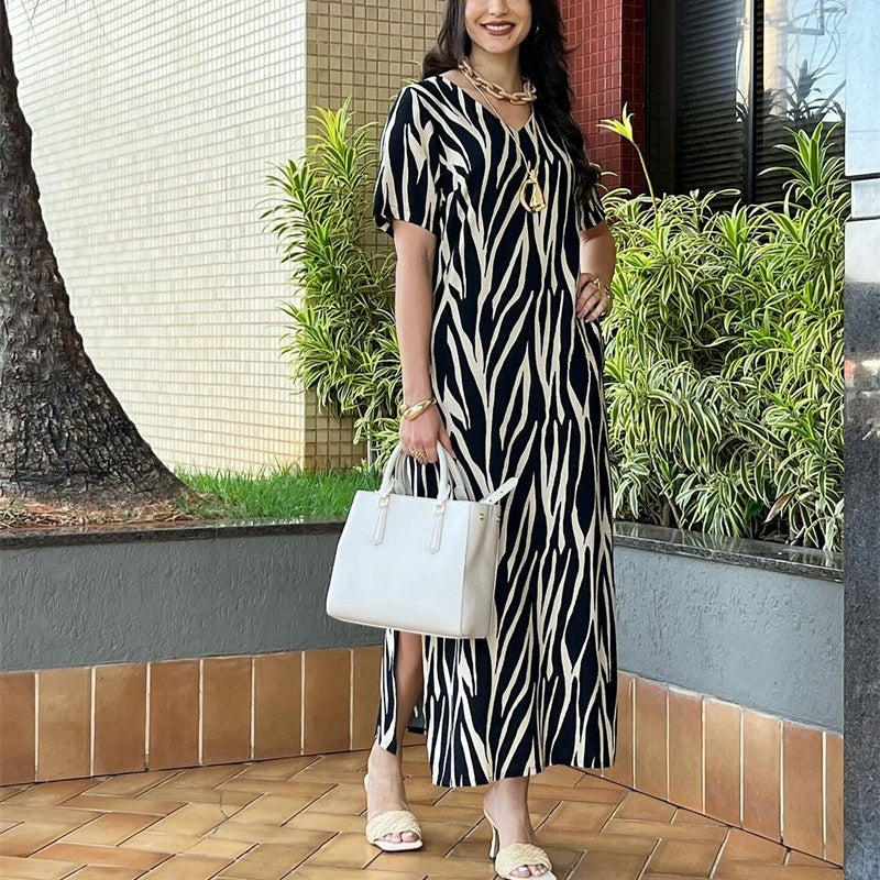 Women's Printed V-Neck Dress with Side Slit