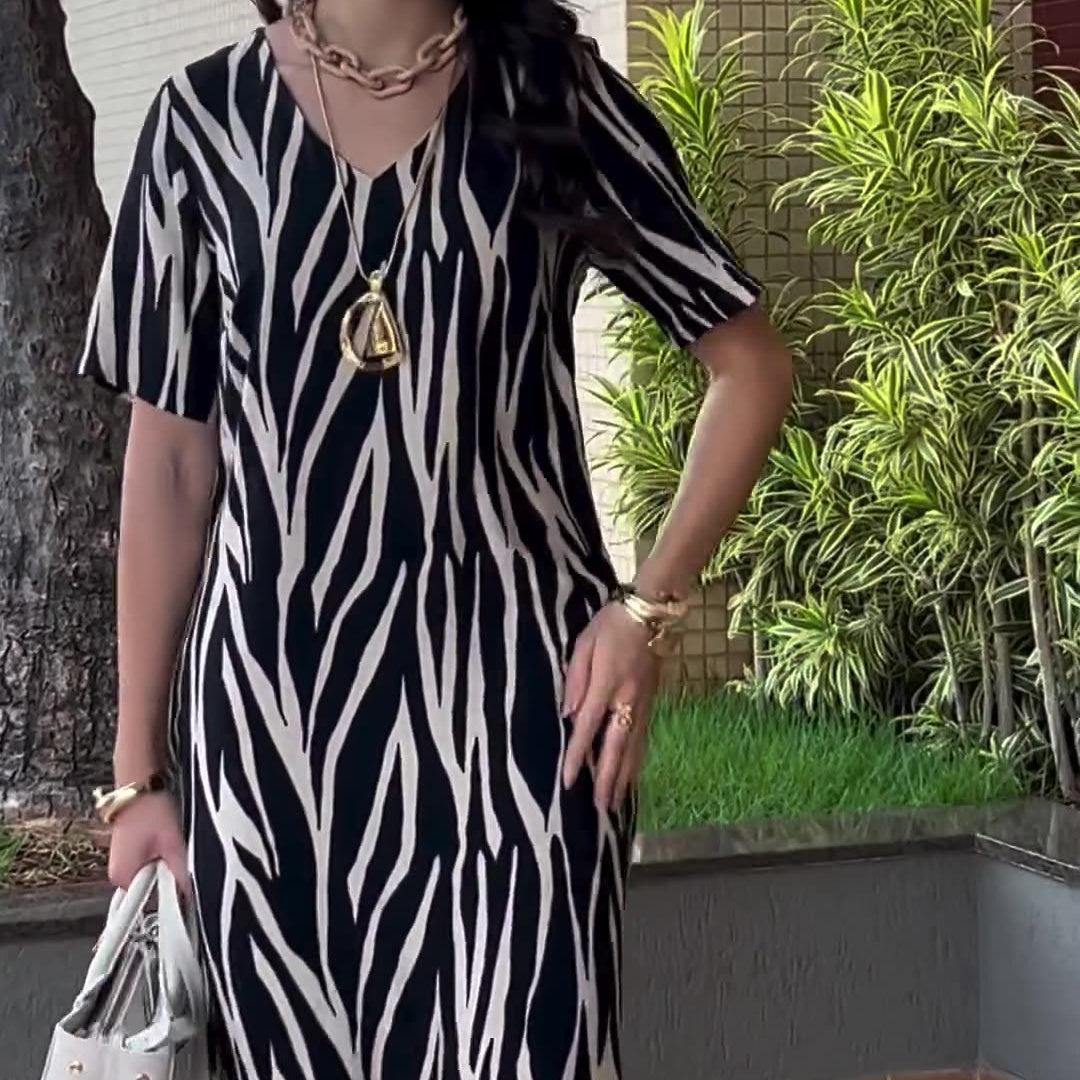 Women's Printed V-Neck Dress with Side Slit