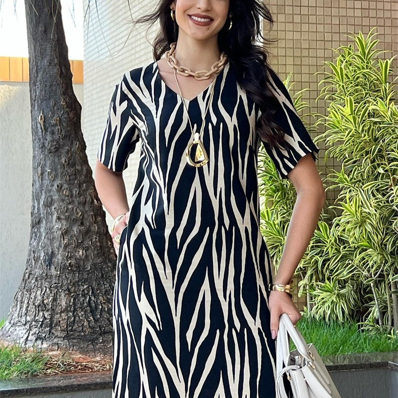 Women's Printed V-Neck Dress with Side Slit