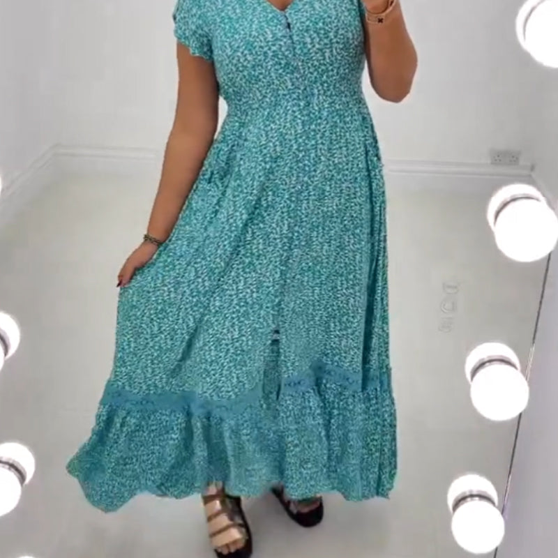 Women's Blue Leopard Print Short Sleeve V-Neck Dress