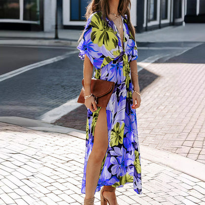 Summer Floral Printed Sexy Deep V-Neck High-Waist Split Dress for Women