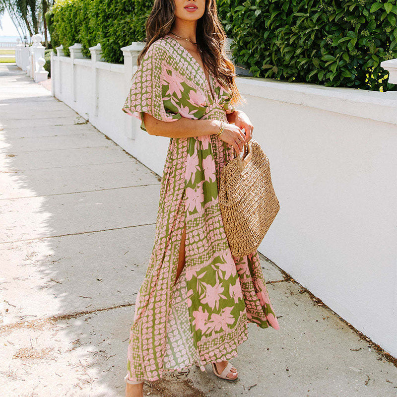 Summer Floral Printed Sexy Deep V-Neck High-Waist Split Dress for Women