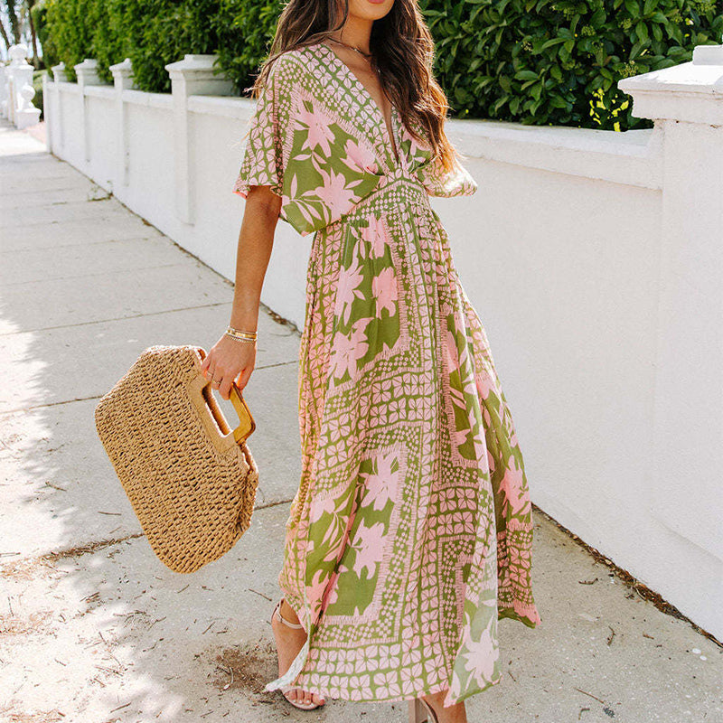 Summer Floral Printed Sexy Deep V-Neck High-Waist Split Dress for Women