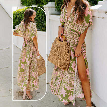 Summer Floral Printed Sexy Deep V-Neck High-Waist Split Dress for Women