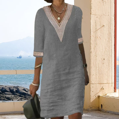 V-neck Lace-trimmed Cotton Linen Dress