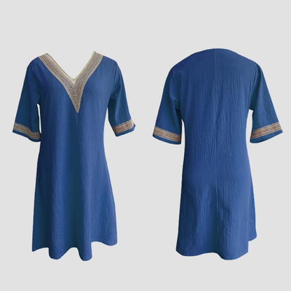 V-neck Lace-trimmed Cotton Linen Dress