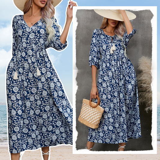 Women's Elegant Floral Print V-Neck Long Dress