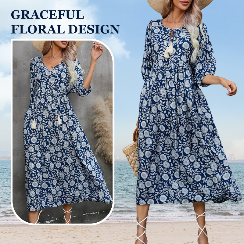Women's Elegant Floral Print V-Neck Long Dress