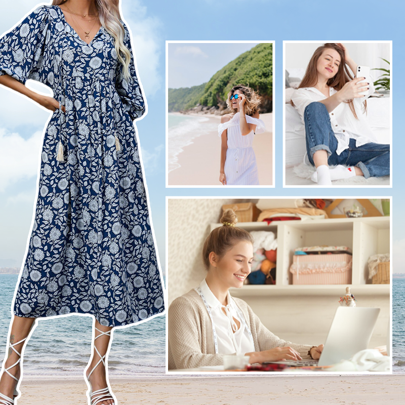 Women's Elegant Floral Print V-Neck Long Dress