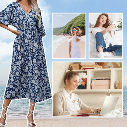 Women's Elegant Floral Print V-Neck Long Dress