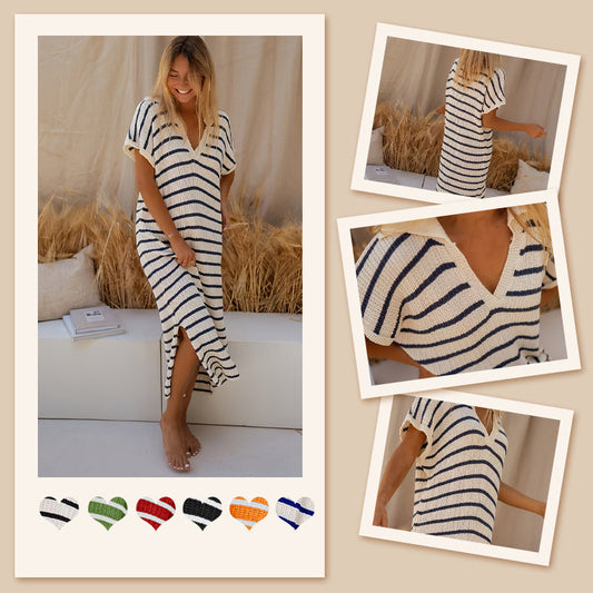Women's V-Neck Striped Split Lapel Long Sweater Dress